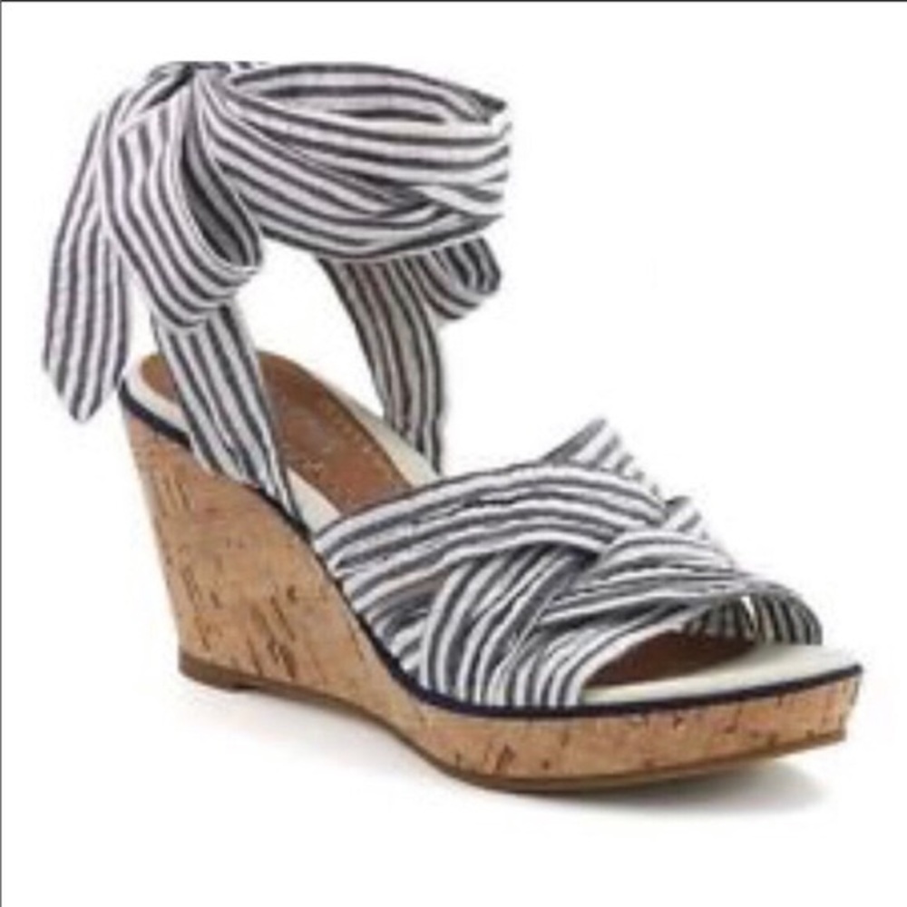 Sperry seersucker lace up platform wedge sandals.